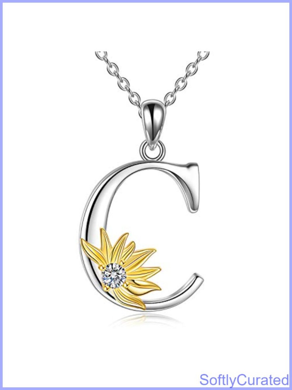 Sunflower Initial C Pendant Necklace 925 Sterling Silver CZ Rolo Chain